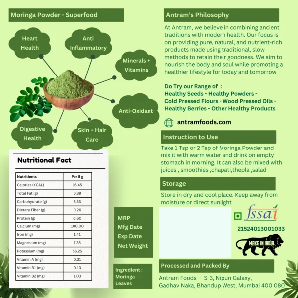 Moringa Powder, Essential Nutrition Superfood, Naturally Boost Energy Levels, Improves Stamina & Vitality, Rich In Vitamins & Minerals - Image 2
